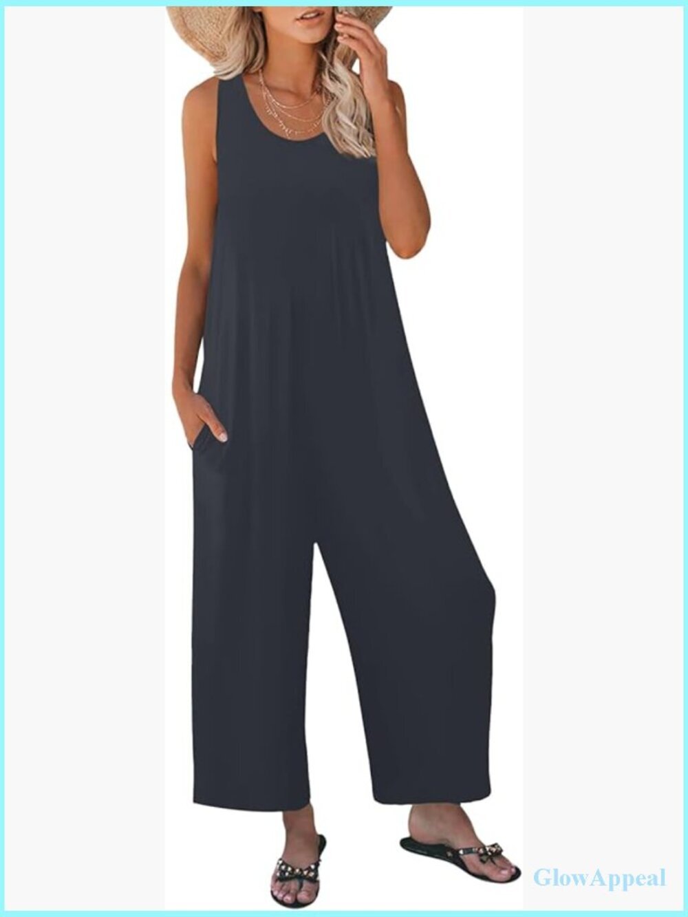 Summer Loose Tank Jumpsuit Sleeveless Crewneck Long Pants Romper with Pockets